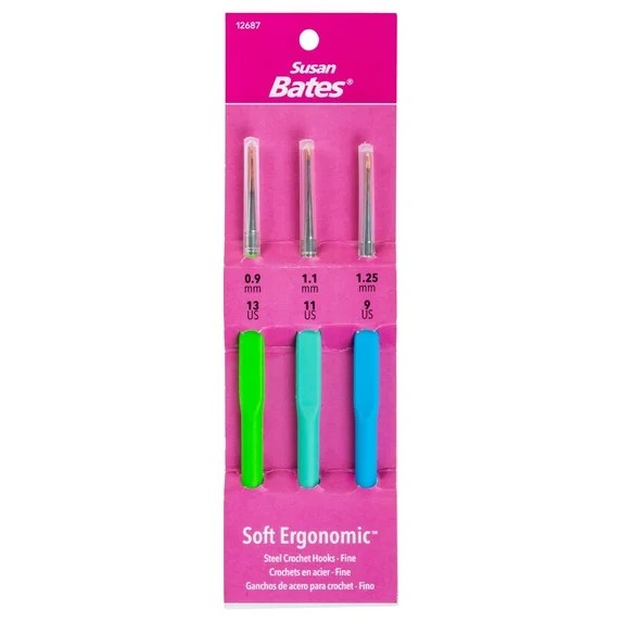 Susan Bates Soft Ergonomic Steel Crochet Hooks - Fine US13, US11, US9 (0.9mm, 1.1mm, 1.25mm)