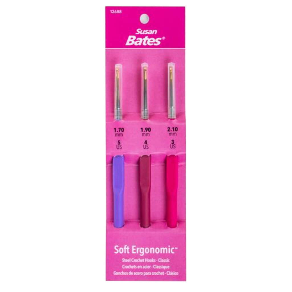 Susan Bates Soft Ergonomic Steel Crochet Hooks - Fine US5, US4, US3 (1.7mm, 1.90mm, 2.10mm)