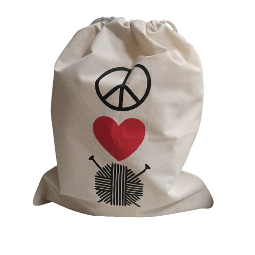 Peace Love Knit Drawstring Bag