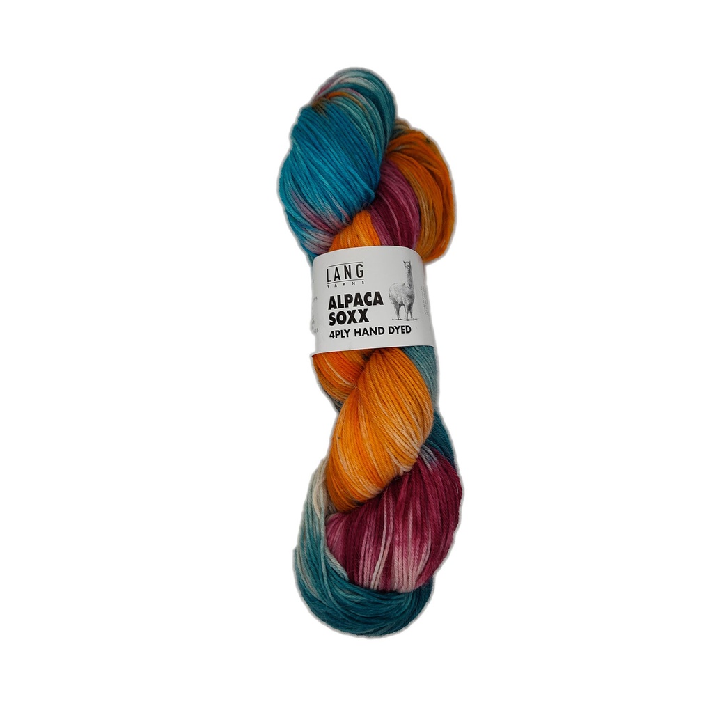 Lang Alpaca Soxx Hand Dyed Orange, Teal, Raspberry, Cream 06