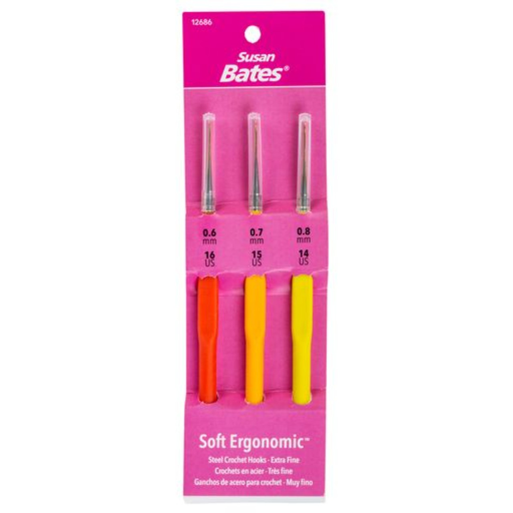 Susan Bates Soft Ergonomic Steel Crochet Hooks - Fine US16, US15, US14 (0.6mm, 0.7mm, 0.8mm)