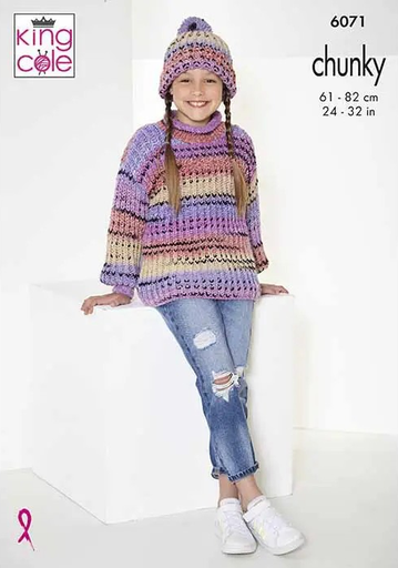 [BK 6071] King Cole Sweater, Cardigan & Hat Knitted in Safari Chunky 6071 (Knit)