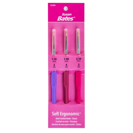 [SBERGOSET543] Susan Bates Soft Ergonomic Steel Crochet Hooks - Fine US5, US4, US3 (1.7mm, 1.90mm, 2.10mm)